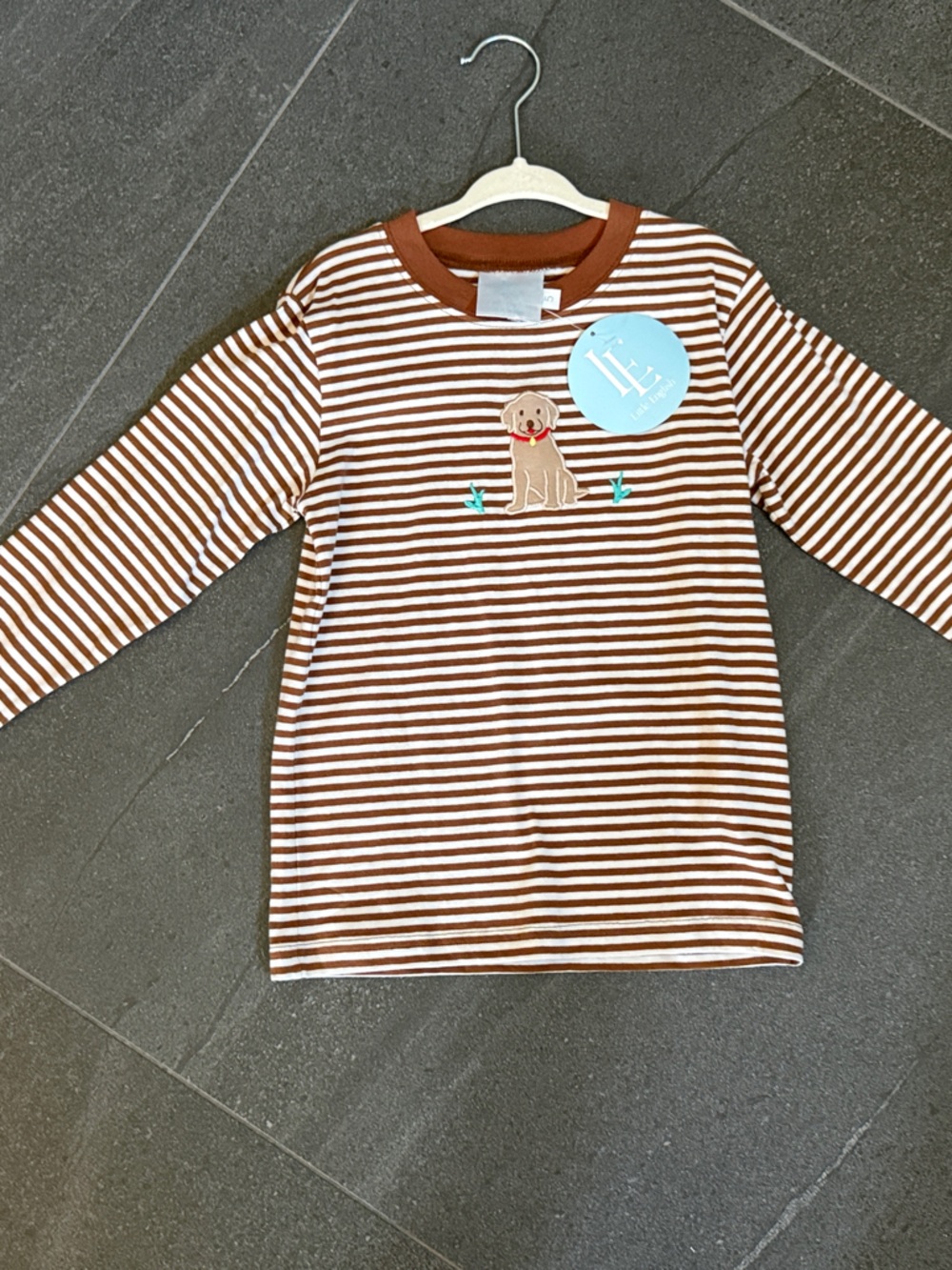 Little English Brown and White Striped Dog Appliqué Long Sleeve Top